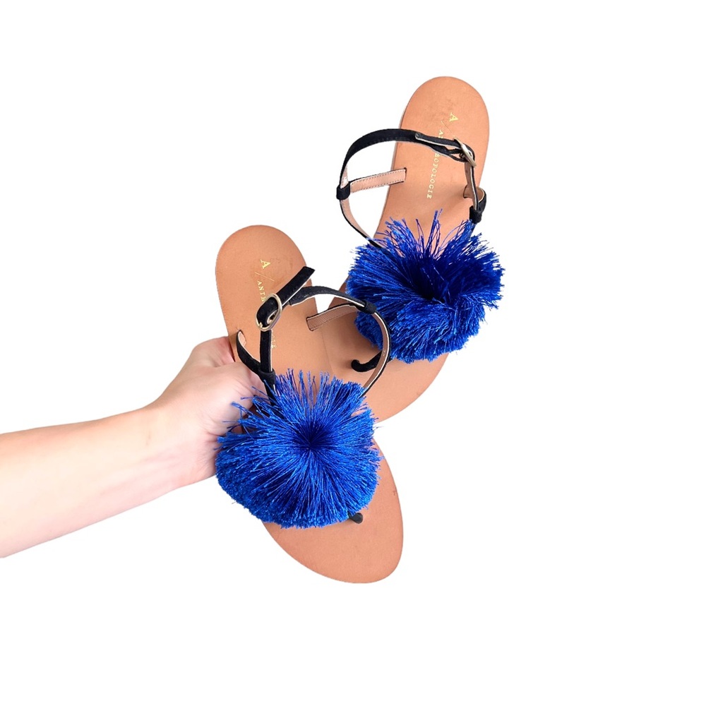 ANTHROPOLOGIE Women’s Cheery Pom Pom Leather Sandal Blue Tan Black Sz 7